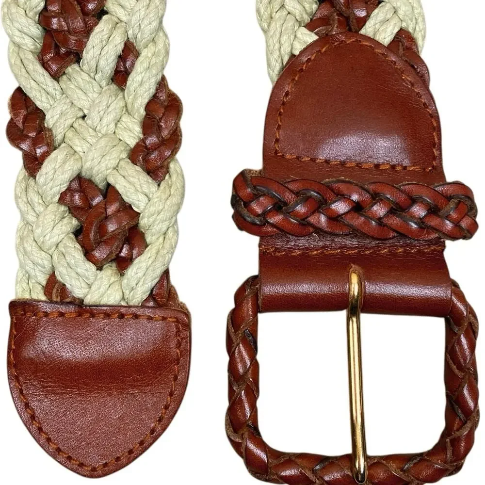 Vintage Fossil Leather Braided Wide Belt Size S Cream Brown Boho